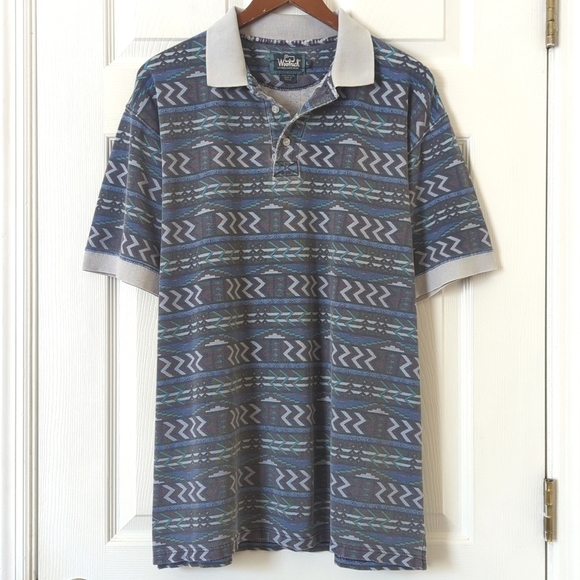 Woolrich 80's Vintage Funky Aztec Printed Short Sleeve Henley Polo Shirt Blue L - Picture 1 of 9